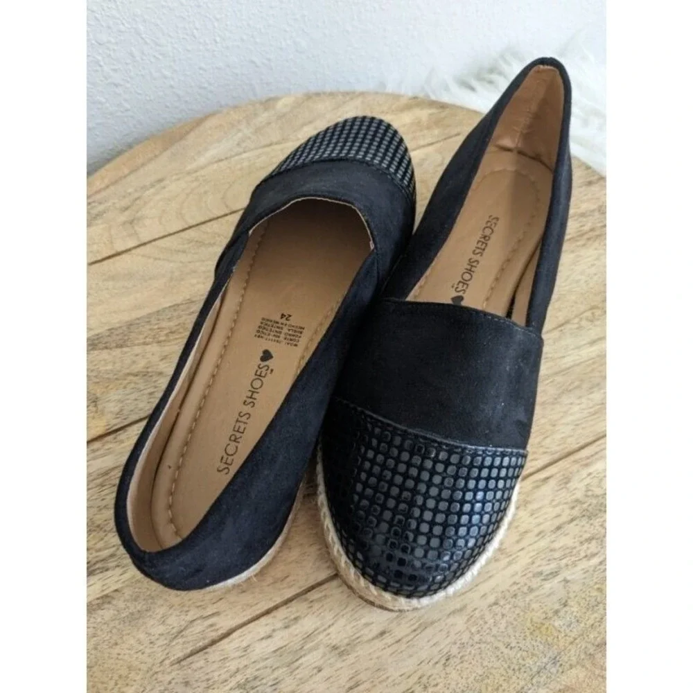 Womens Black Faux Suede Snake 8 Embossed‎ Cap Toe Espadrille Flats Shoes  NEW
